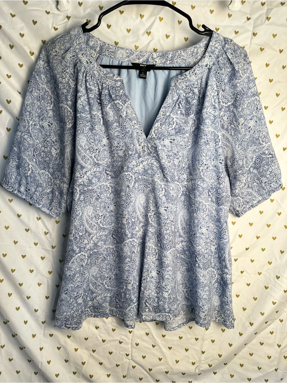 Frye Light Blue Paisley V-Neck Short Sleeve Blouse